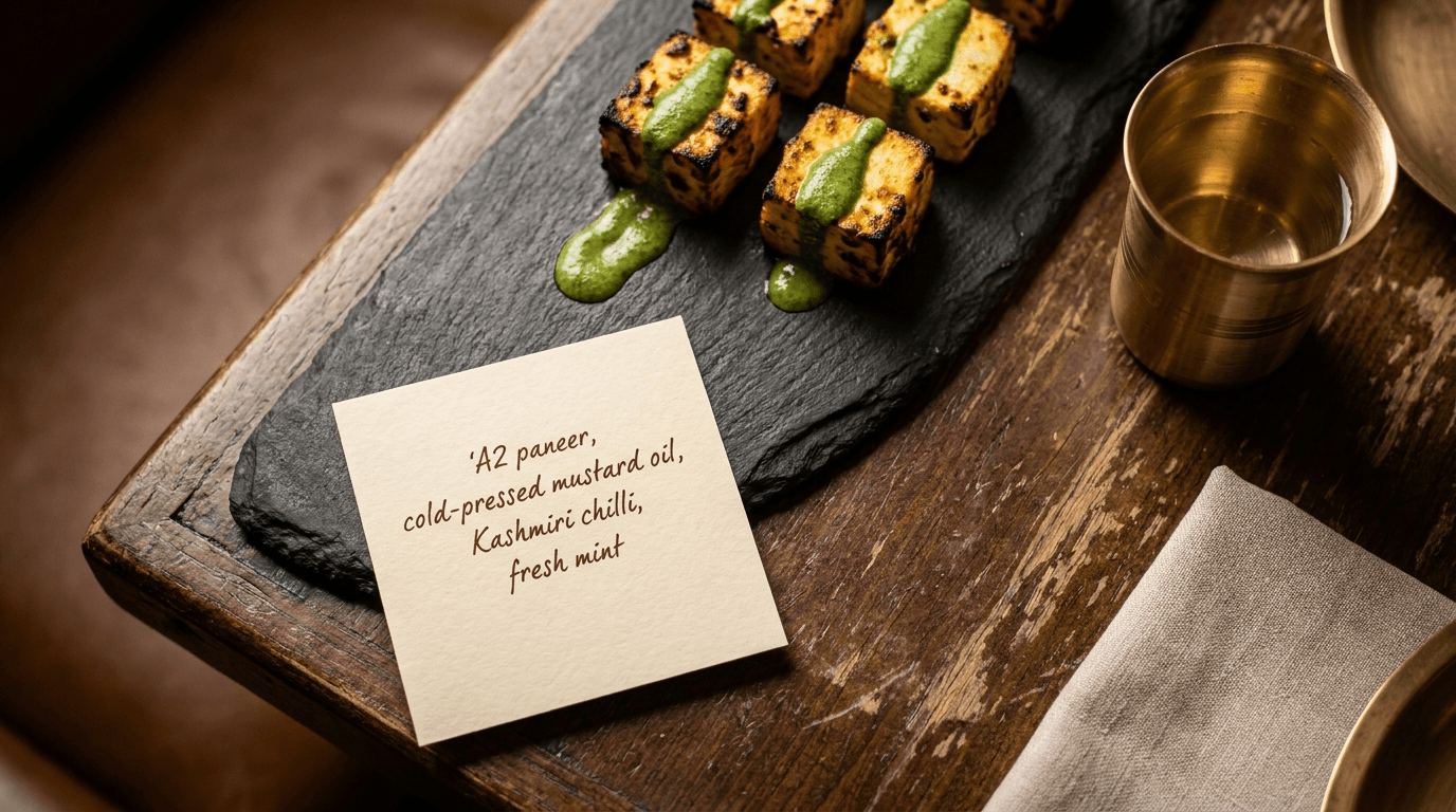 A paneer tikka dish with its ingredient card — transparency you can see
