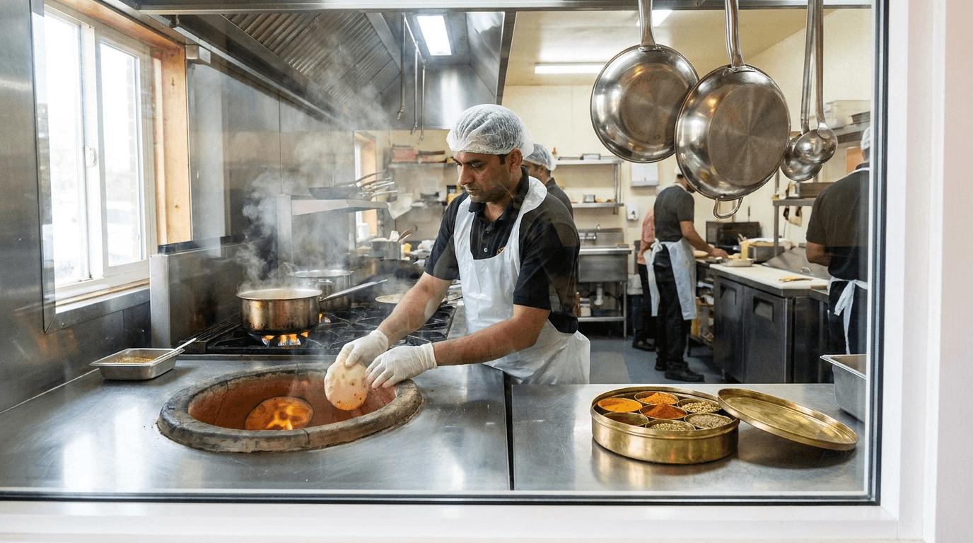 An Indian kitchen seen through glass — rotis at the tandoor, nothing to hide